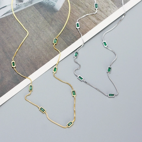 925 Sterling Silver Green Rectangular Gemstone Necklace Minimalist Adjustable Box Chain Clavicle Jewelry For Women