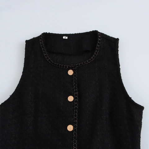 Sleeveless Tweed Maxi Dress Round Neck Single Breasted Gold Buttons Elegant French Style Long Vest Dress For Women