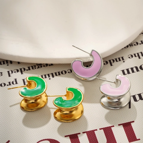 Boucles d'Oreilles Clous en Forme de C en Acier Inoxydable Plaqué Or 18K Émail Mode Rose Vert Créoles Géométriques pour Femme Bijoux