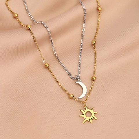 Double Layer Necklace Stainless Steel Sun Moon Pendant Bead Chain Adjustable Minimalist Ins Style For Women