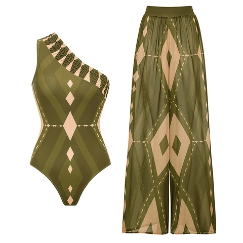 Maillot De Bain Monokini Pour Femmes Et Pantalon Large Imprimé Géométrique Dos Nu Une Épaule