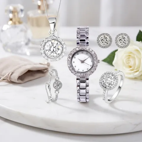 Women Rhinestone Quartz Watch With Necklace Bracelet Ring And Stud Earrings Alloy Zircon Elegant Jewelry