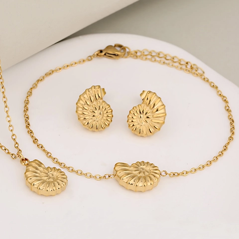 Minimalist Stainless Steel Sea Snail Conch Pendant Necklace Bracelet Stud Earrings 3-Piece Jewelry Set For Women