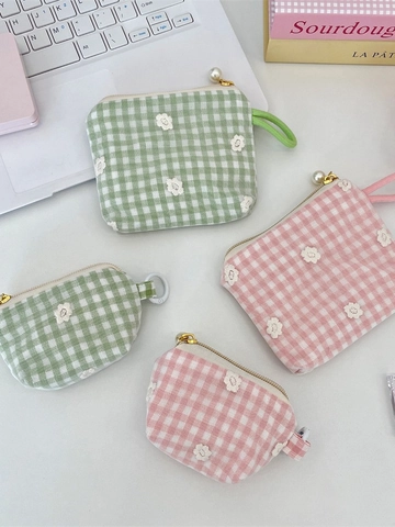 Gingham Flower Embroidery Coin Purse Polyester Lipstick Storage Bag With Artificial Pearl Zipper Charm Portable Mini Pouch