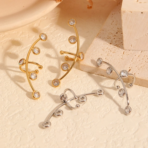 18K Gold Plated Titanium Steel Ear Cuff Zircon Artificial Pearl Inlaid Non Pierced Curved Minimalist Jewelry For Women