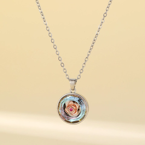 Fashion Crystal Rose Flower Pendant Necklace Stainless Steel O-Chain For Women Elegant Floral Jewelry Accessory Gift
