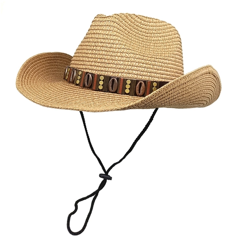 Western Cowboy Straw Hat With Shell Bead Decoration Sun Protection Wide Brim Summer Beach Outdoor Vintage Sunshade Hat