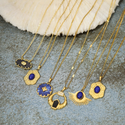 Collana Con Ciondolo In Acciaio Inossidabile Placcato Oro 18K Stile Palazzo Francese Vintage Con Lapislazzuli Agata Zircone Per Donna