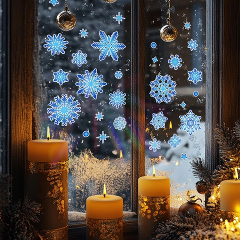 Pegatinas Ventana Copo De Nieve Navidad PVC Estática Holográfica Azul Decoración Cristal Invierno Fiesta