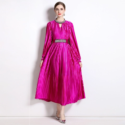 Abito Lungo Pieghe Elegante Da Donna Maniche Lunghe Vita Alta Strass Collo Perlato Satine Sera
