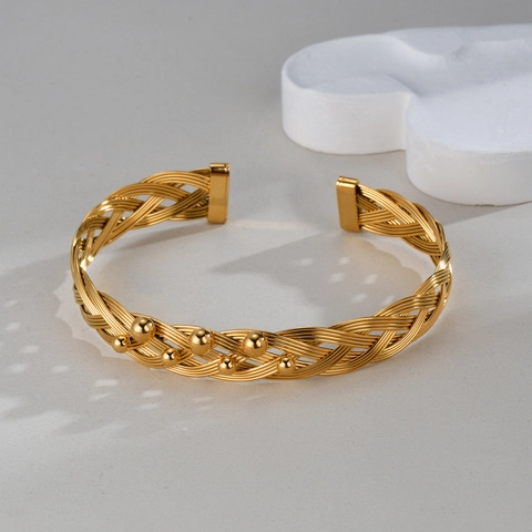 Open Bangle Bracelet Gold Plated Stainless Steel Woven Beads Cross Lattice Adjustable For Women Light Luxury Design