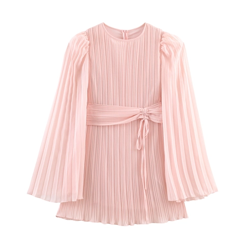 Mini Abito Pieghettato Rosa Donna Elegante Chiffon Lunghe Maniche A Campana Girocollo Cintura