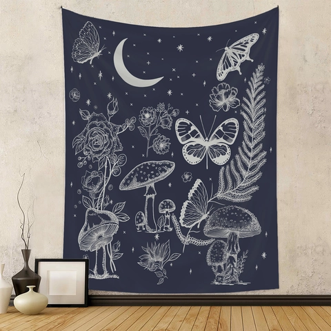Wandtapijt Polyester Vlinder Paddenstoel Maan Bloemenprint Bohemien Vintage Natuur Achtergronddoek Decoratie