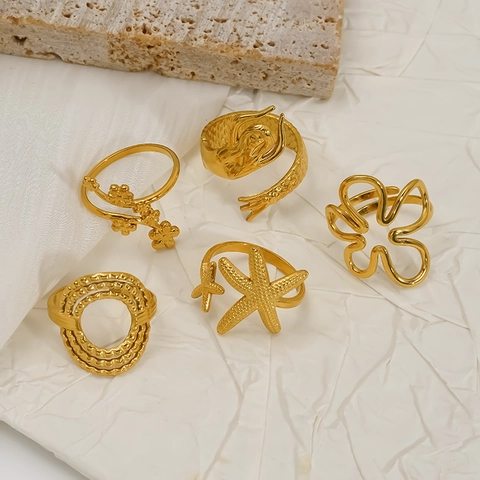 18K Gold Plated 304 Stainless Steel Open Rings For Women Starfish Mermaid Tail Floral Adjustable Jewelry Waterproof