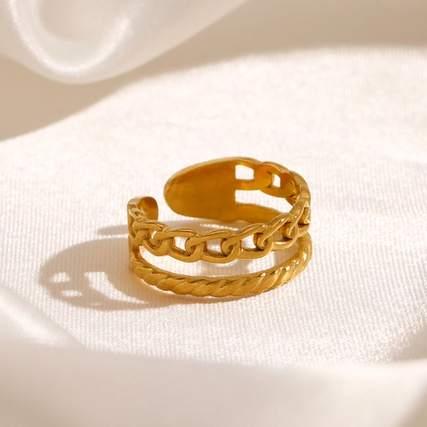 Anillo De Cadena De Doble Capa Chapado En Oro De 18K Acero Inoxidable Abierto Ajustable Cuerda Joyería Mujer