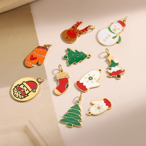 Christmas Charms Enamel Stainless Steel Pendants DIY Jewelry Making Accessory Santa Reindeer Snowman Tree Cartoon