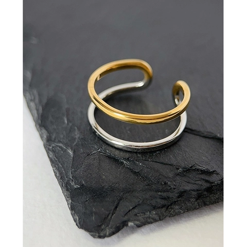 Minimalist Double Layer Two Tone Ring Titanium Steel 18K Gold Plated Open Adjustable Geometric Finger Ring For Women