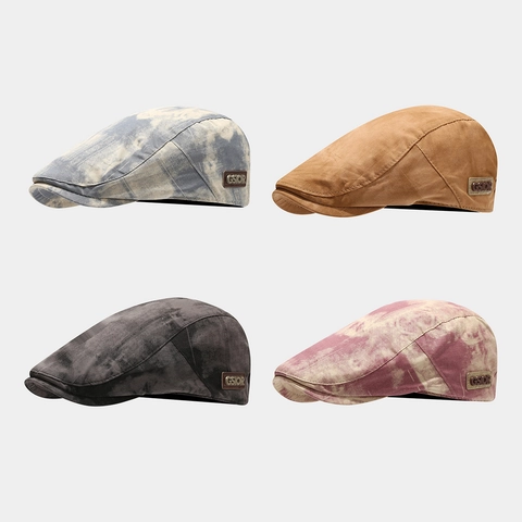 Vintage Cotton Canvas Flat Cap Distressed Tie Dye Newsboy Hat For Men Women Adjustable Breathable Retro Ivy Cap