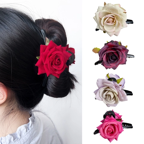 Molletta Per Capelli Rosa Fiore Elegante Realistica Simulazione Tessuto Plastica Accessori Capelli Donna