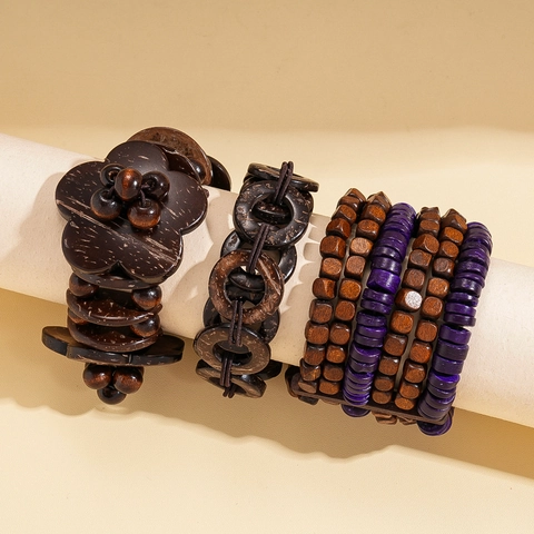 Boho Multi Layer Coconut Shell Wood Beaded Bracelet Ethnic Retro Flower Charm Elastic Handmade Bangle Jewelry For Women