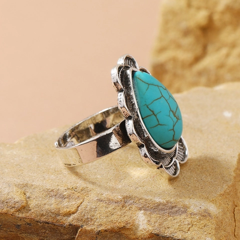 Vintage Alloy Artificial Turquoise Ring For Women Antique Silver Water Drop Shape Open Adjustable Flower Petal Finger Ring Bohemian Jewelry