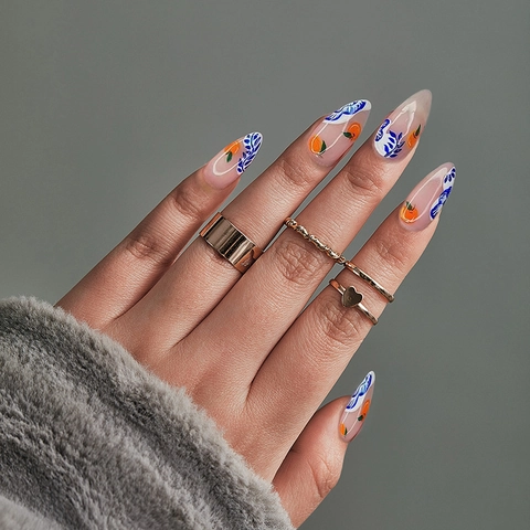 Uñas Postizas Largas Almendra Diseño Fruta Naranja Hoja Azul Cobertura Completa Uñas Artificiales Plástico