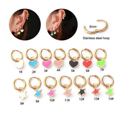 Hoop Earrings With Heart Star Pendant Stainless Steel Copper Enamel Candy Color Fashion Piercing Jewelry For Women