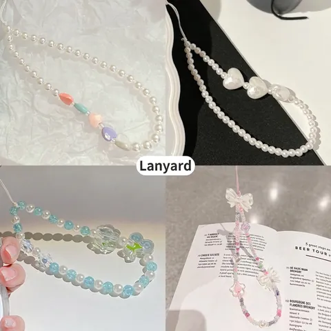 Kawaii Beaded Phone Lanyard Heart Flower Acrylic Resin Wrist Strap Chain Hand Strap For Women Girls