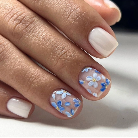 Press On Nails Short Square Artificial Nail Tips Blue White Floral Print Retro Style Reusable Wearable For Women