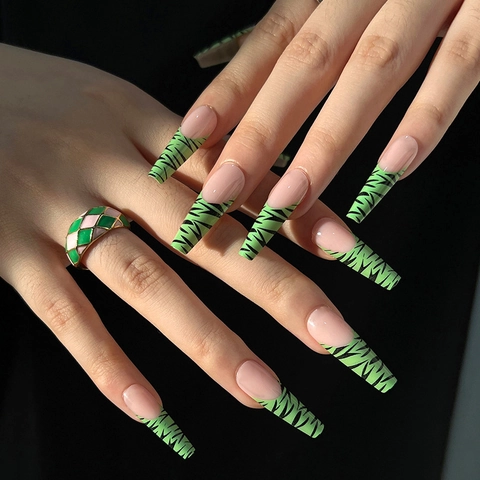 Long Coffin Press On Nails Glossy French Green Tiger Print Fake Nails Fashion Artificial Fingernails For Women