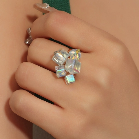 Mode Geometrische Würfel Gestapelt Verstellbarer Ring Legierung Kristall Trendiges Elegantes Fingerschmuck Für Damen