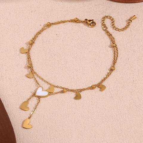 Doppelreihiges Edelstahl Herz Fußkettchen Für Damen Gold Vergoldet Künstliche Perle Herz Anhänger Fußkette Quaste Schmuck