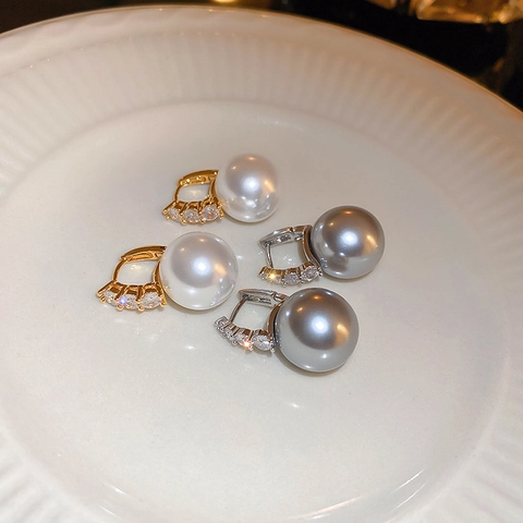 Franse Vintage Kunstparel Hoop Oorbellen Met Zirkoon Ingelegde Legering Verguld Elegante Sieraden Vrouwen Stalen Oorpijp