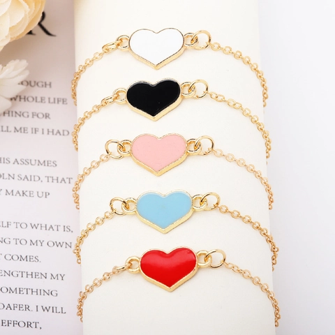 Pulsera Con Colgante De Corazón Aleación Esmalte Ajustable Cadena Fina Dulce Simple Moda Joyas Para Mujeres Niñas