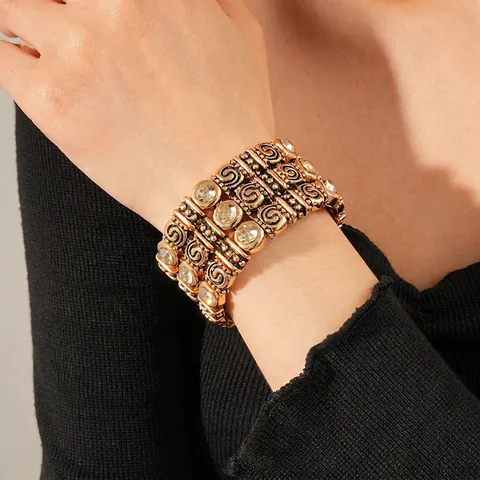 Retro Gold Alloy Round Rhinestone Elastic Bracelet Wide Multilayer Look Engraved Swirl Pattern Luxury Hand Jewelry