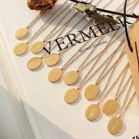 Collana Pendente Fiore Ovale Acciaio Inossidabile Placcato Oro 18K Incisione Doppia Faccia Gioielli Floreali Donna