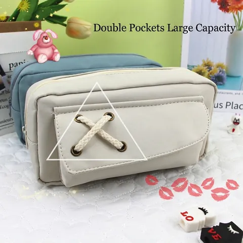 Pencil Case Large Capacity Polyester Stationery Pouch With Cross Hemp Rope Decoration Minimalist For Students