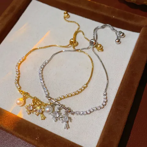 Pulsera Tennis Con Colgante Cruz Circonita Perla Artificial Imitación Estrella Amuleto Cobre Ajustable Joyas Lujo Mujeres
