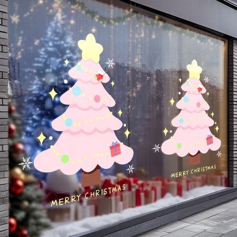 Rosa Weihnachtsbaum Fensteraufkleber Statisch PVC Aufkleber Beidseitig Farbig UV Druck Für Glas Shop Home Dekor Festive