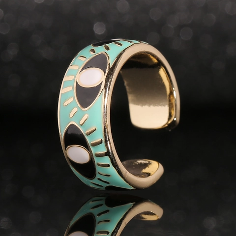 Anillo Abierto Ajustable Evil Eye De Cobre Chapado En Oro Esmalte Colorido Estilo Bohemio Joyería De Moda Para Mujer