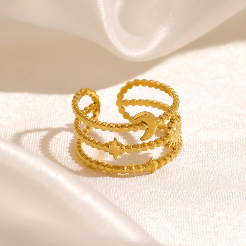 Stainless Steel 3-Layer Ring With Moon Star Sun Celestial Elements Adjustable Minimalist Beaded Fashion Jewelry For Women
