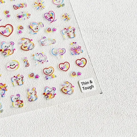 Nail Art Stickers Self Adhesive Ultra Thin Cartoon Bear Bunny Heart Designs Colorful Cute Manicure Decals For Women