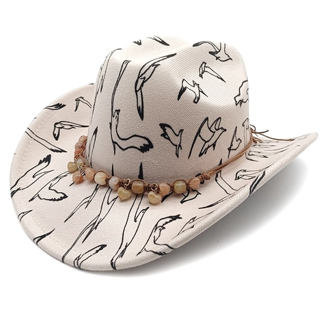 Western Cowboy Hat Polyester Faux Felt Wide Brim Bird Seagull Print Bohemian Retro Jazz Fedora With Beaded Band Charm