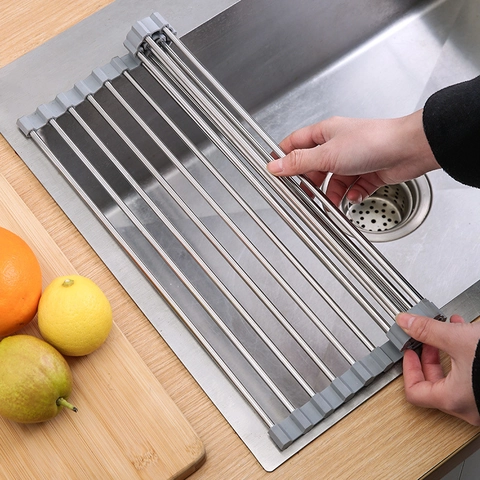 Escurridor de Fregadero Plegable de Acero Inoxidable Soporte Enrollable para Secar Platos Alfombrilla Resistente al Calor Gris Negro
