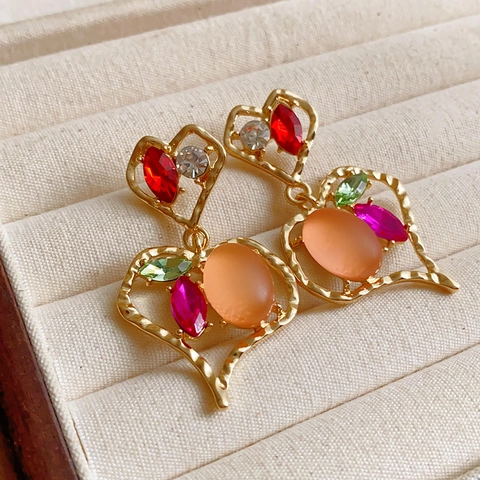 Vintage Palast Stil Herz Hängeohrringe Mit Bunten Strasssteinen Vergoldete Legierung Silver Earring Post Für Damen