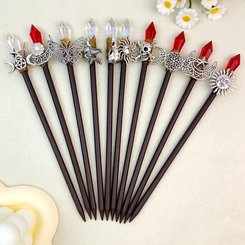 Kristallen Houten Haarstok Heks Toverstaf Maan Ster Schedel Halloween Kostuum Vintage Haarsieraad Voor Vrouwen