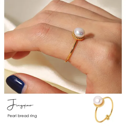 Franse Elegante Zoetwaterparel Verstelbare Ring Dames Verguld Roestvrij Staal Minimalistische Luxe Sieraden