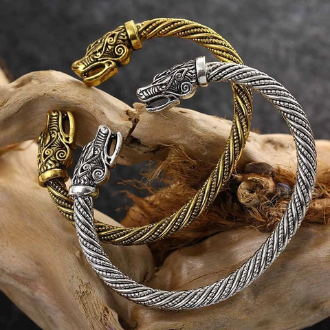 Drachenkopf Wikinger Armreif Offen Legierung Gedreht Gewebt Vintage Punk Schmuck Für Damen Herren
