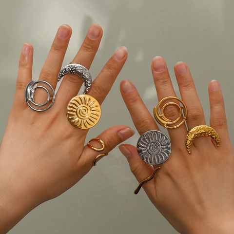 Edelstahl Ring Vintage 18K Vergoldet Sonne Mond Spirale Welle Geometrisch Verstellbar Wasserdicht Schmuck Damen