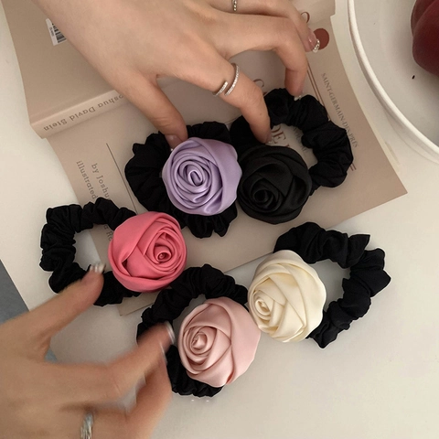 Rose Flower Hair Scrunchies Satin Fabric High Elasticity Handmade Korean Style Sweet Hair Accessories For Women